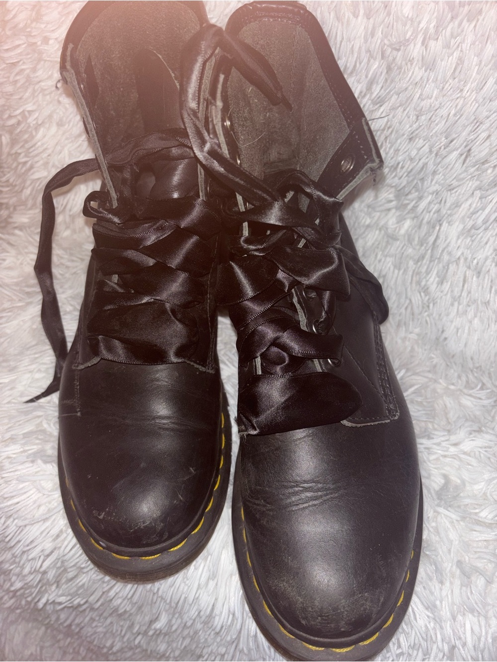 Dr. Martens Black Leather Lace-Up Ankle Boots with Yellow Welt Stitching